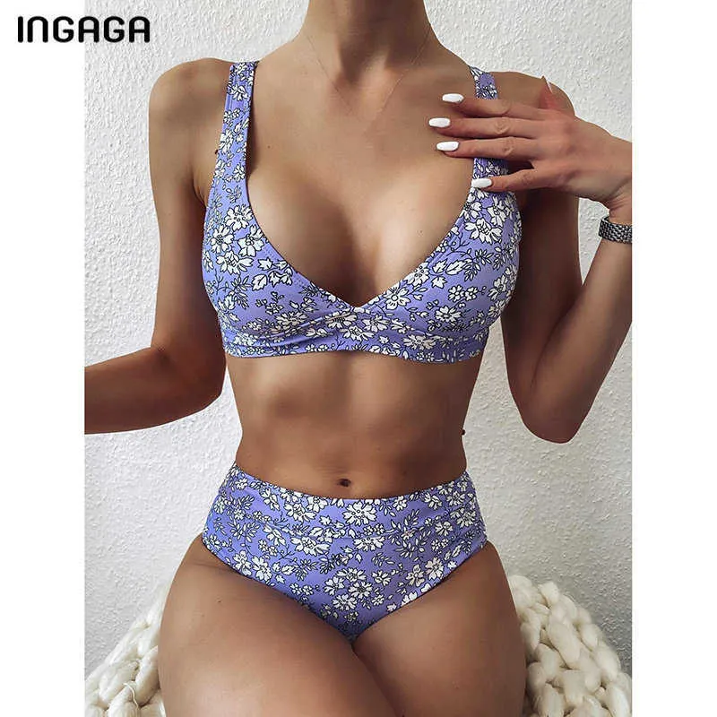 INGAGA Sexy Bikini's Swimsuits Black Swimwear Women Push Up Biquini High Waist Bathing Suit Summer V-neck Beachwear 210722