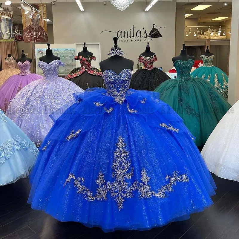 Luxuriöse königsblaue Quinceanera-Kleider, Ballkleid, Pailletten, Spitze, Übergröße, mexikanisches 15-Jahre-Sechzehn-Prinzessin-Bonbon-16-Abschlussballkleid264a