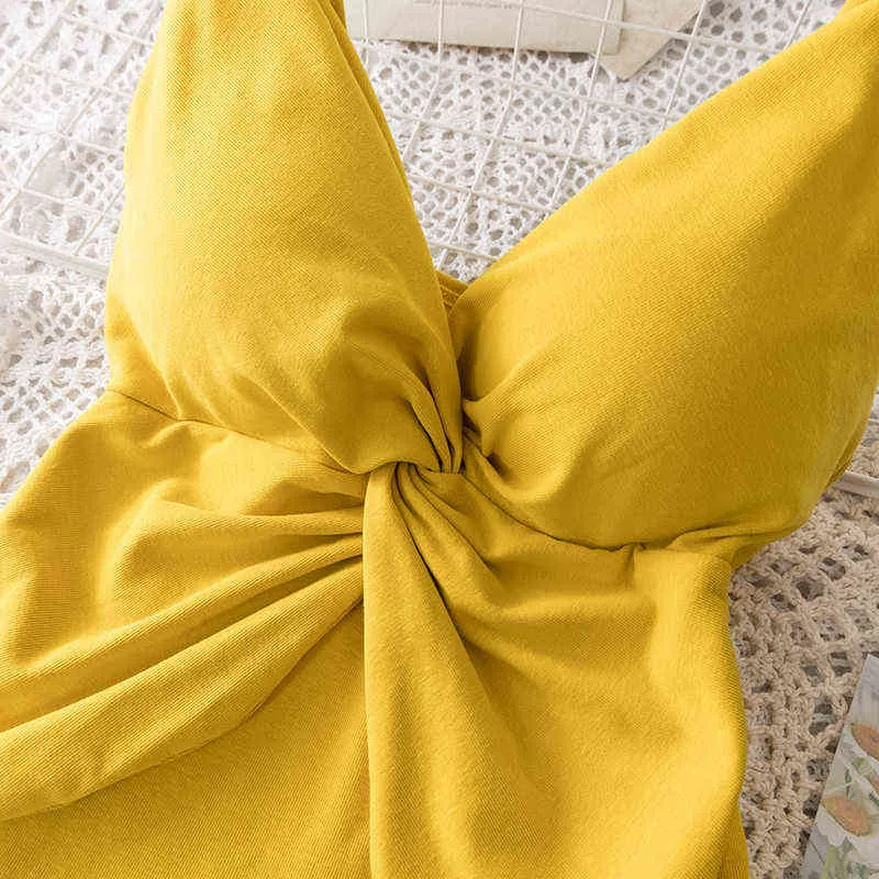 2021 Lato Kobiety Krótkie Seksowne Niski Cut Folds V-Neck Z Halter Camisole Koszula Lato Biuro Lady Traf Crop Top Woman Y220308