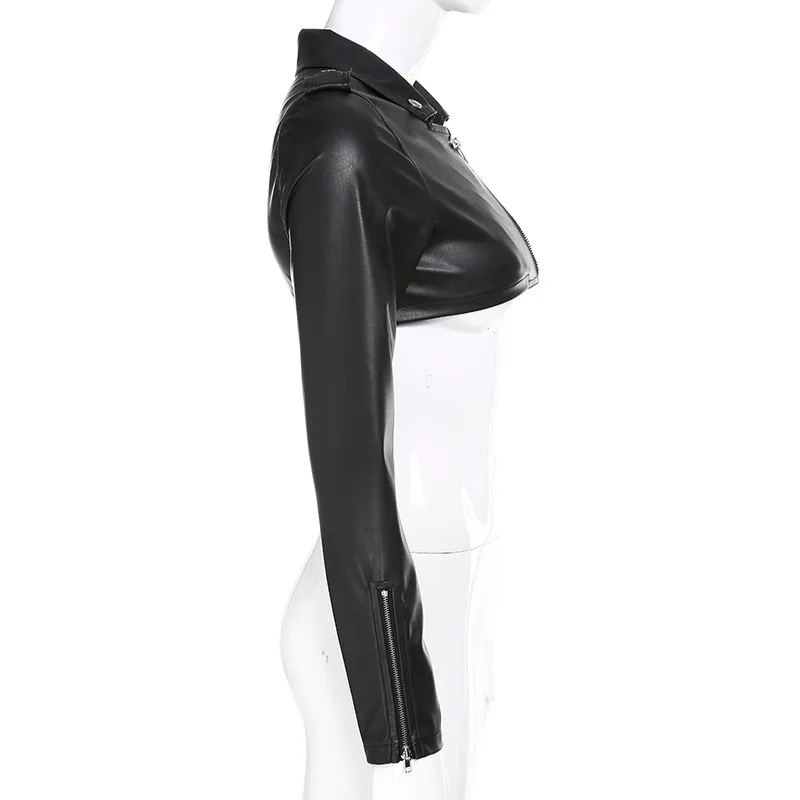Kadın Deri Ceket Siyah PU Ceket Kısa Uzun Kollu Yüksek Bel Moda Sonbahar 210513 Tops