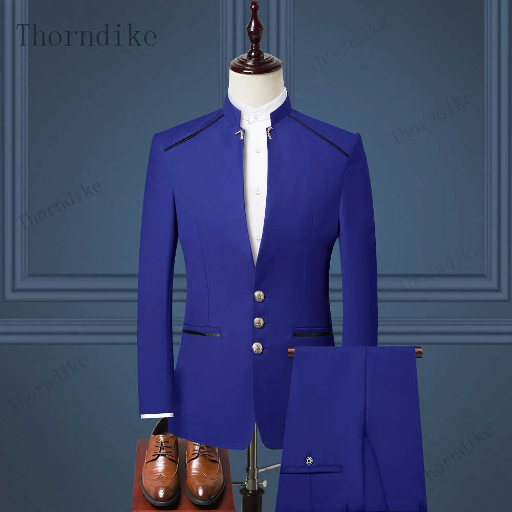 Thorndike homens terno estilo chinês stand gola terno masculino noivo de casamento slim firster tamanho blazer conjunto smoking casaco + calça x0909
