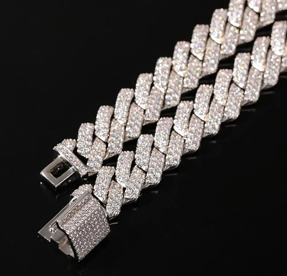 Herren-Halskette, 14 mm, vereiste kubanische Gliederkette, 14 Karat Weißgold vergoldet, 2-reihige Diamanten-Halskette, Zirkonia-Schmuck, 16–24 Zoll, Länge 288 m