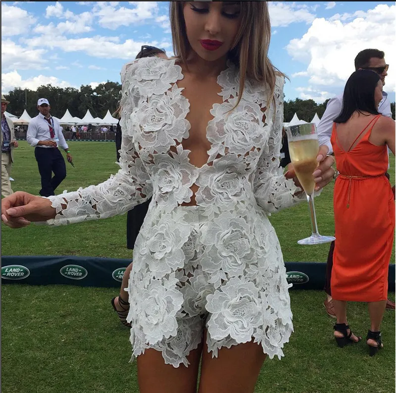 Summer Autumn Sexy Women Two Piece Sets Women Hollow Out White Lace Floral Deep V Neck Long Sleeve Top and Short Pant Suits X0428