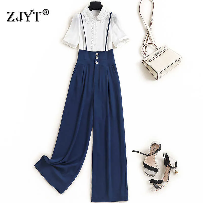 Summer Office Pants Matching Set Women Elegant Short Sleeve Lace Collar White Blouse and Trousers Suit Business Outfits 210601