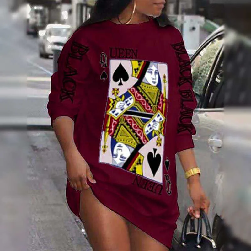 Mode Kvinnor Poker Skriv ut Casual Mini Dress Plus Size 3XL / 2XL Oversized Långärmad Loose Fit Short Dress 210716