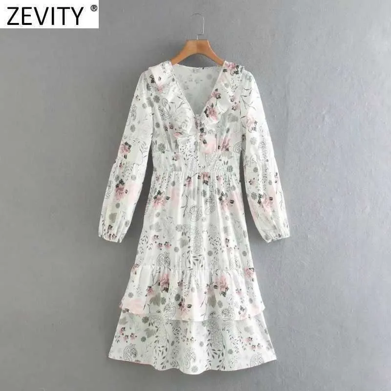 Zevity Women Sweet Cascading Ruffles花柄プリントサイドジッパーラインドレス女性シックな長袖プリーツ着物vestido DS8156 210603