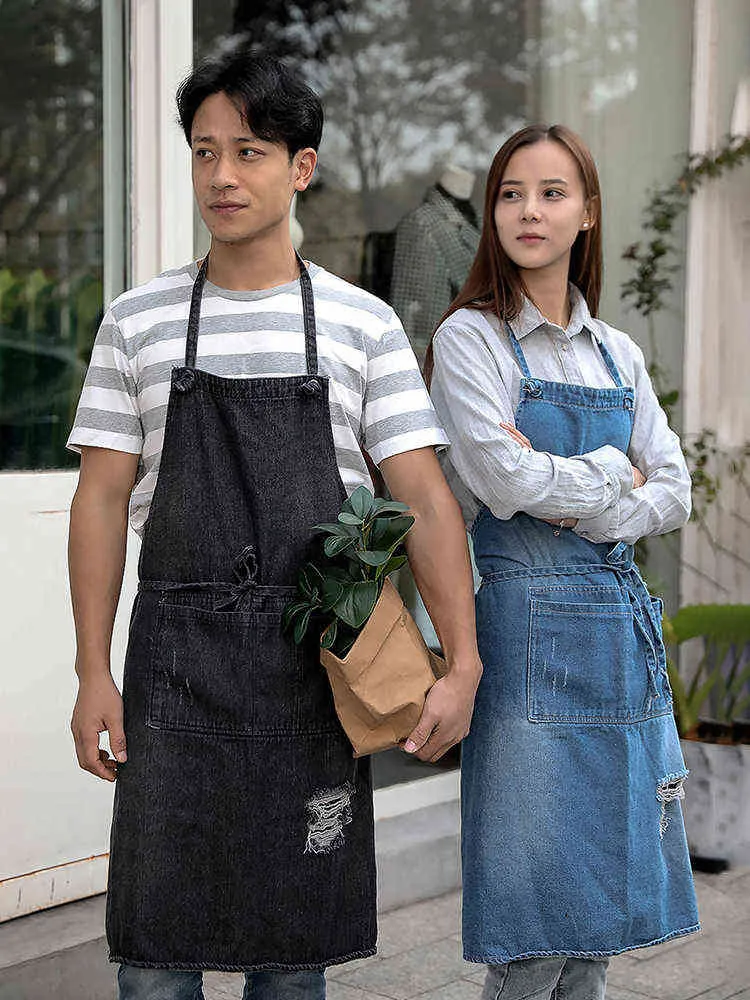 Professionelle koreanische einstellbare 100% Baumwoll-Denim-Schürze Küche S für Frau Erwachsene Backen Smock Chef Cafe Unisex Jeans 211222