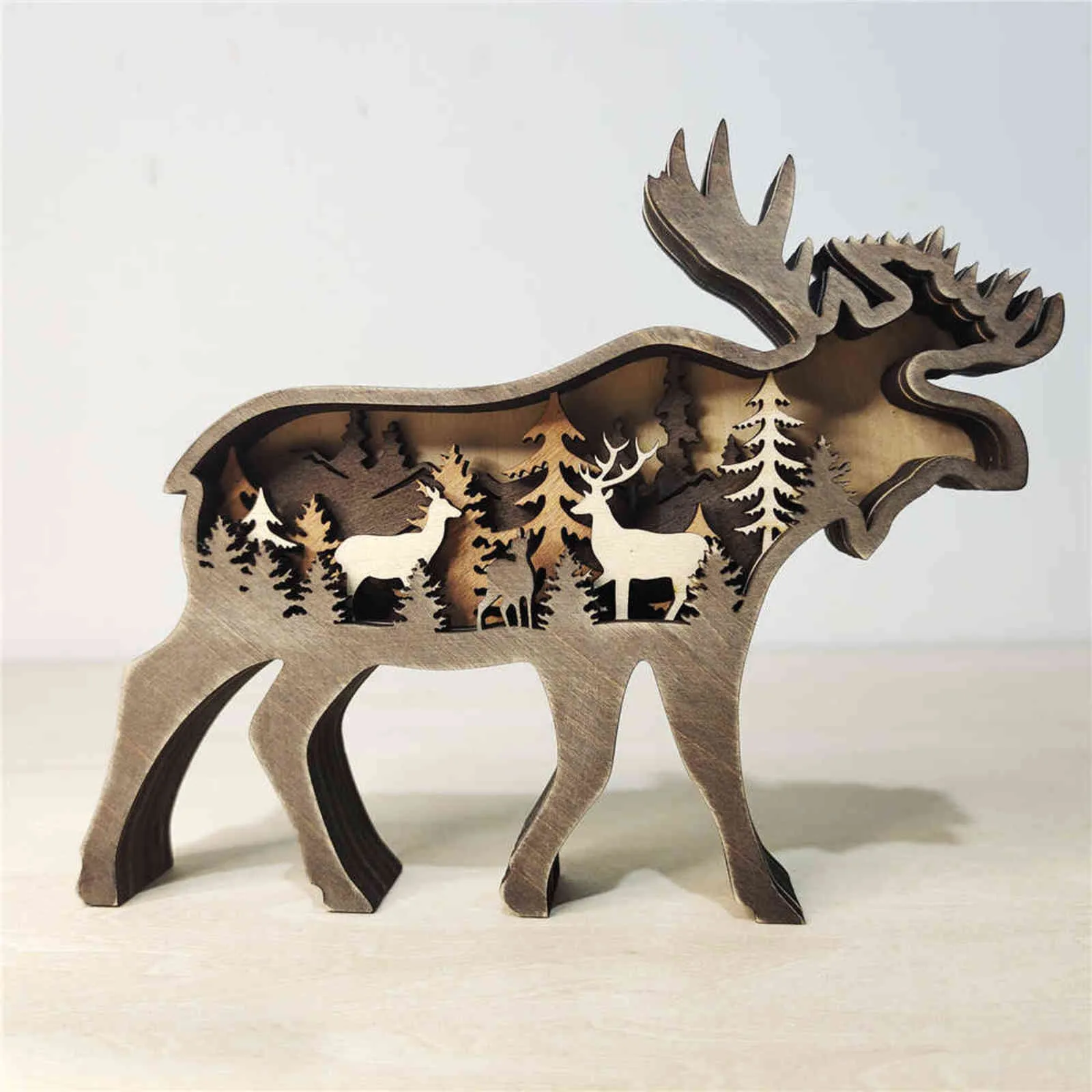 Kerstdecoratie houten uitgeholde kleine elanden en bruin beer led licht schattige desktop ornamenten home decor accessoires 211108
