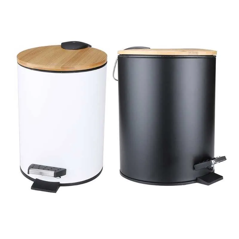 3/5L Wooden Flip Step Trash Can Garbage Rubbish Bin Waste Container Organizer for Bathroom Kitchen Office 210728