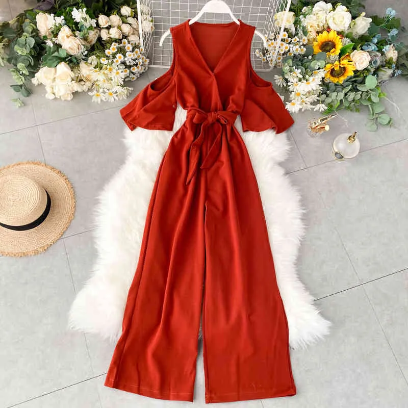 Chiffon Jumpsuit Solid Ruffles Bandage Bow High Waist OL Bodysuit Fashion Korean Hollow Out Ropa Mujer Sexy 210422