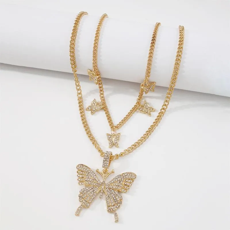 Chaînes Lalynnly femmes luxueux tempérament strass Double couche papillon pendentif collier femme cristal bijoux