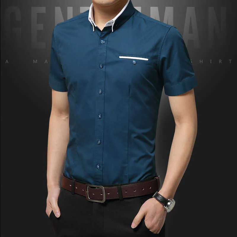 Mens Short Sleeve Shirts Slim Fit Formal Male White Naby Blue Grey Business Social Dress Summer Men's Clothing 210809