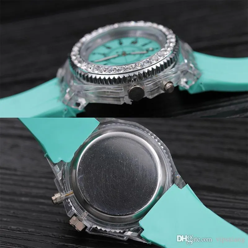 Rhinestone Luminoso Led Watches USA Fashion Tendencia de estudiantes y femeninas Jelly Ginebra Caso transparente Silica233h