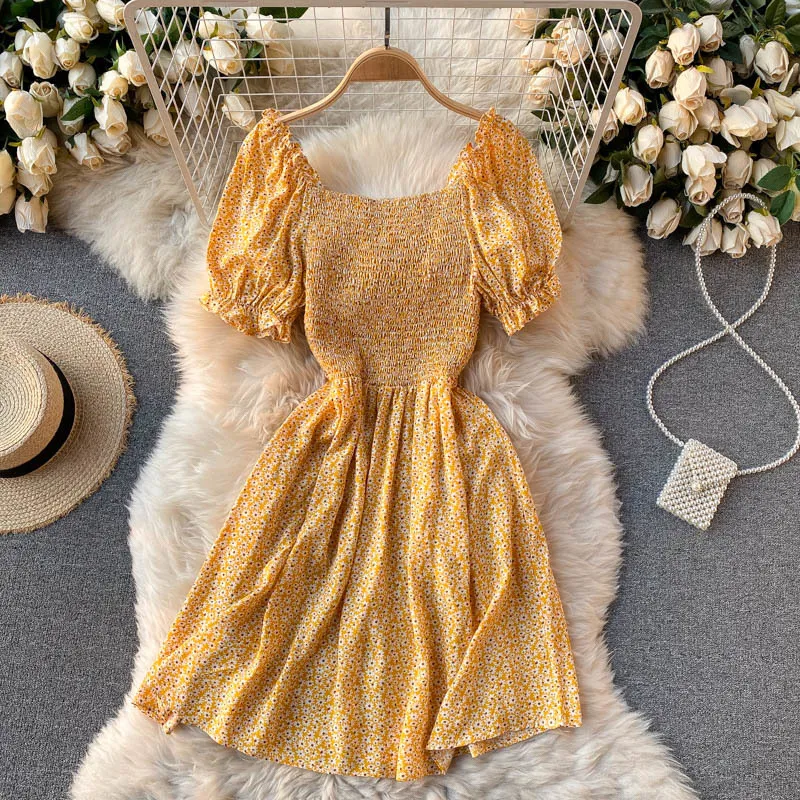 Printemps doux floral vestidos femme français rétro col carré bulle manches élastique mince mini robe C475 210507