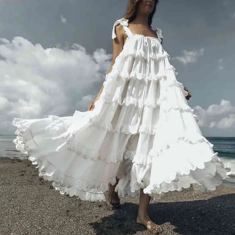 Eleganta kvinnor Ruffles Cascading Cotton Dress Summer Fashion Ladies Vintage Lång Klänningar Feminin Holiday Vestido Girls Chic 210427