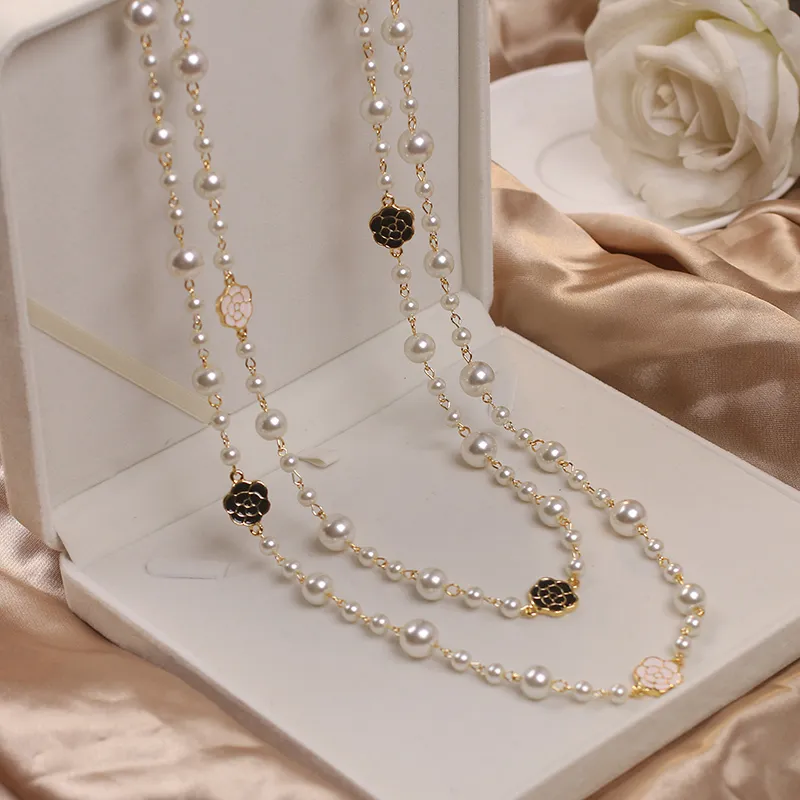 Luxury Camellia Multilayer Long Pearl Brand Design Rose Flower Sweater Chain Necklace for Woman