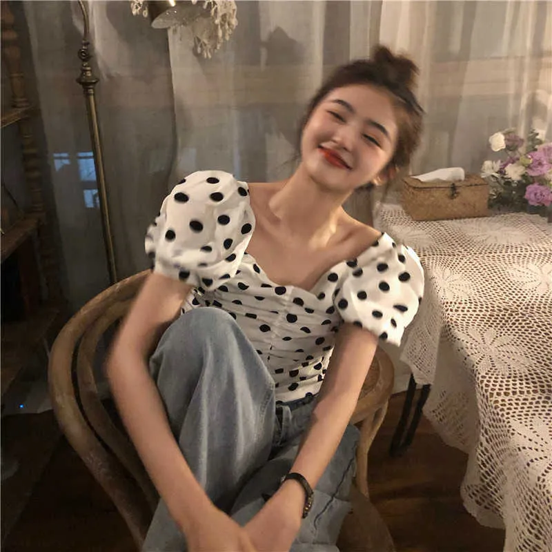 섹시한 빈티지 우아한 스퀘어 넥 폴카 도트 탑 여성 여름 슬림 세련된 한국어 반소매 블라우스 Blusas Mujer 자르기 셔츠 210610