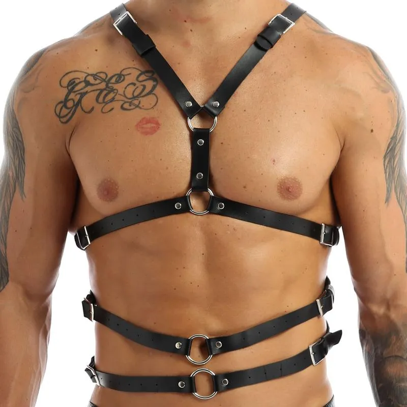 Bälten Mens Nightclub Sexig Party Body Chest Harness Buckle Pu Leather Punk Gothic Metal O-Ring Haler Belt2779