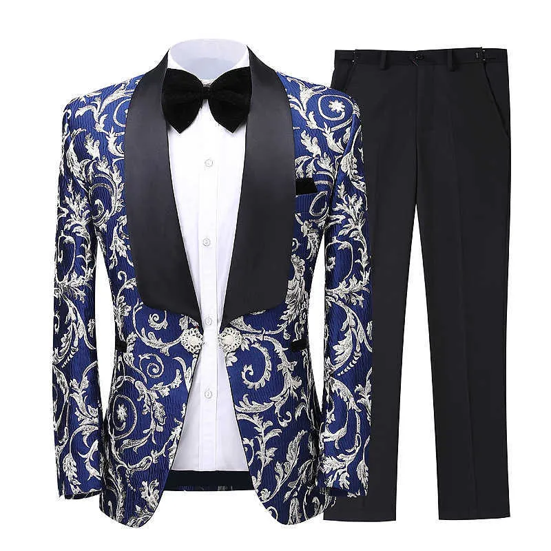 Последние пальто брюки дизайна мужские костюмы шаль-отворота тонкий 3 кусок набор для цветочных жаккардовых свадебных женихов певцов выпускной костюм XS-5XL X0909