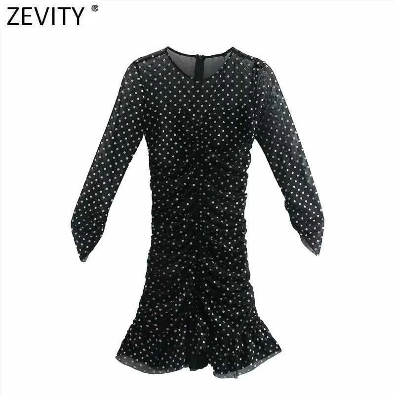 Zevity Women Sexy Sequined Dots Slim Pleated Mesh Klänning Kvinna Tre Kvartär Ärm, Chic Vestido Back Zipper Kläder DS4913 210603