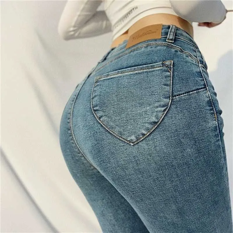 Jeans elastici europei e americani Plus Donna Vita alta Pantaloni grigi anca pesca sexy Streetwear Estetica anni 2000 210604