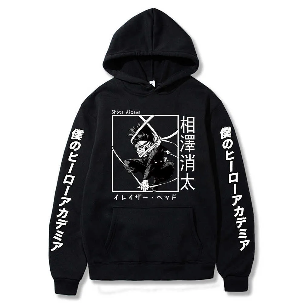 Kawaii My Hero Academia Hoodies Herr Dam Kortärmad tröja Aizawa Shota Anime Manga Svarta Hoodies Toppar Kläder Y0804