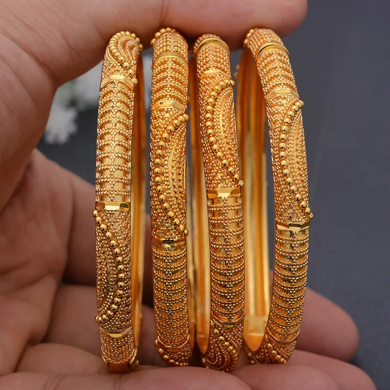4 pçs conjunto 24k dubai cor de ouro africano nupcial casamento pulseiras para mulheres árabe saudita pulseiras jóias 220702260p