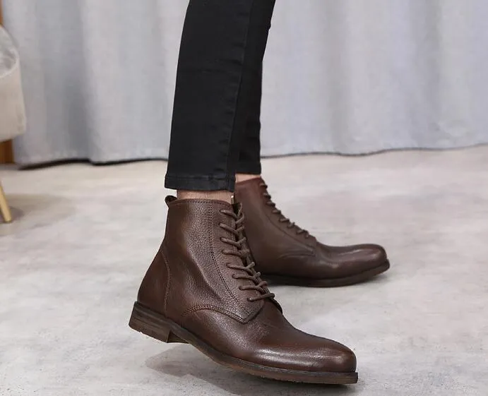 Bottines Martin à bout rond en cuir véritable pour homme, bottines marron faites à la main, faites à la main, en cuir véritable, rétro, tendance hiver