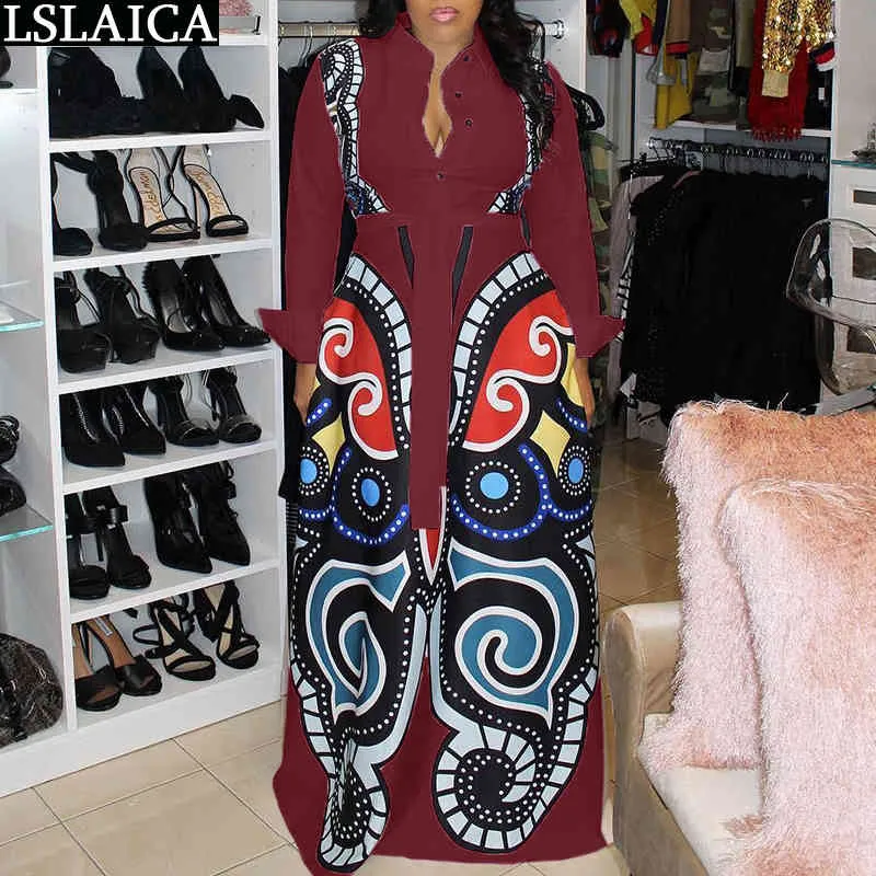 Moda Kadın Elbise Sonbahar Baskı Uzun Kollu Turn-down Yaka Vintage Kadın Maxi Büyük Hem Artı Boyutu Vestidos De Fiesta 210520