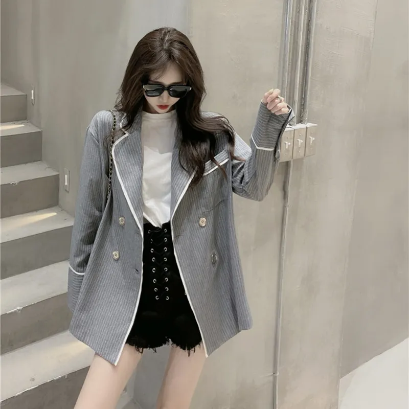 Весна осень женская куртка корейский стиль серый полосатый костюм универсальный свободный с длинными рукавами женские пальто LL752 210506