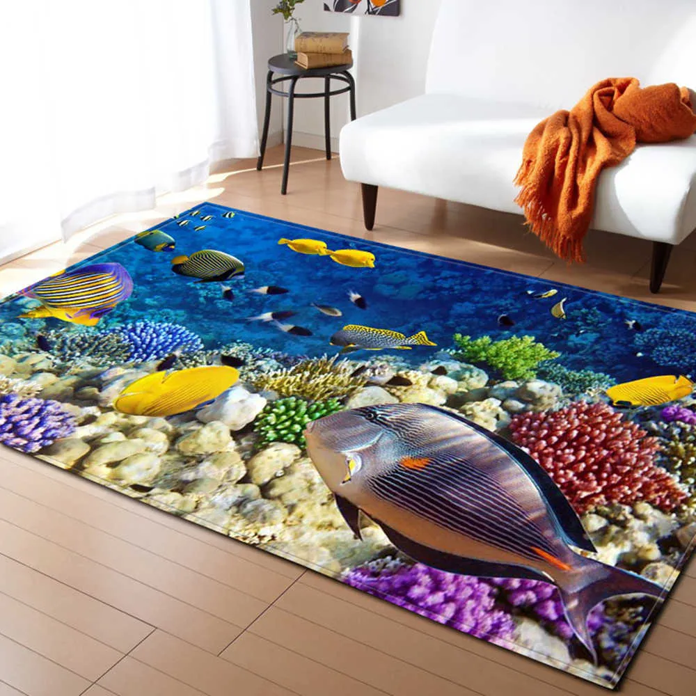 3D水中ワールドパターンリビングルームのコーヒーテーブル装飾滑り止めの大きいカーペットベッド畳のマット子供の210626