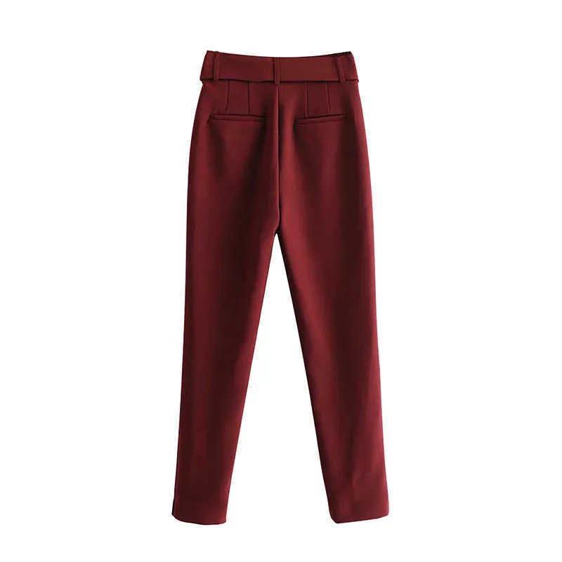 Aachoae Vrouwen Solid Potlood Broek met Gordel Geplooide Zakken Casual Broek Split Wijn Rood Lange Lengte Bodems Vrouwelijke Ropa Mujer Q0801