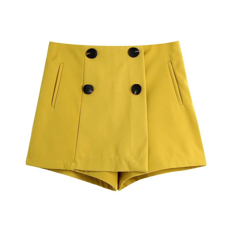 Kobiety Żółte Culottes Kobiet Wysoka Talia A-Line Spódnice Vintage Przycisk Design Mini Krótki 210430