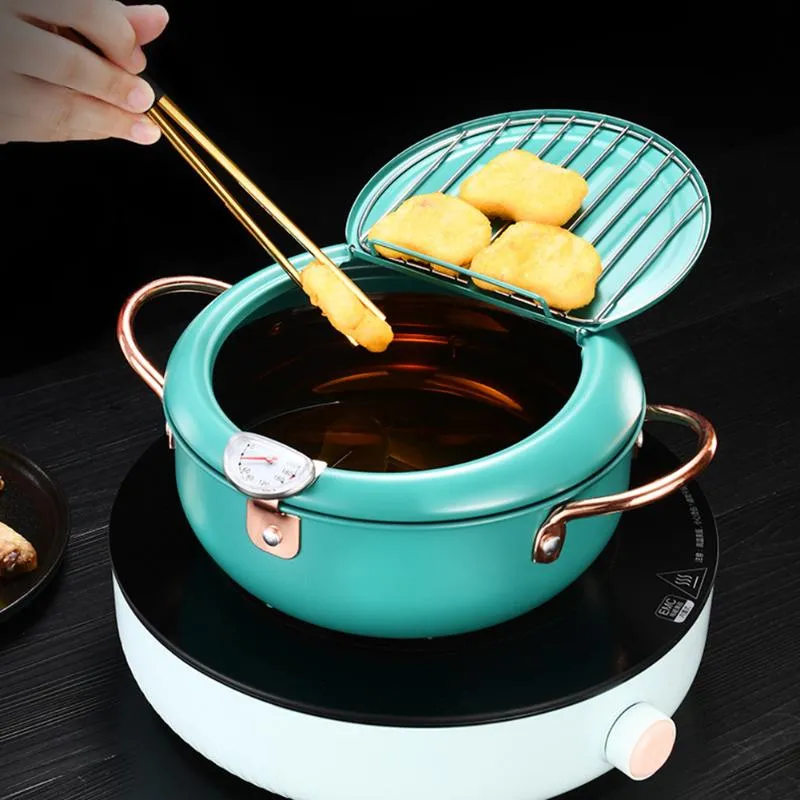 Pans Japanese Tempura Deep Frying Pot With Lid Stainless Steel Kitchen Fryer Pan Cookware 20cm 24cm243H