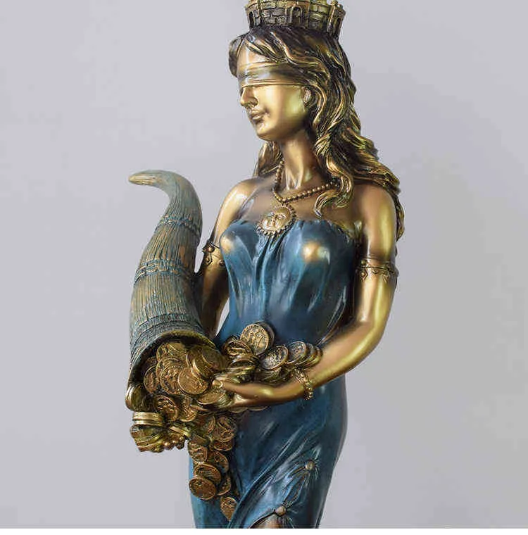 С завязанными глазами статуя Фортуна - древнегреческая римская богиня состояния и скульптуры удачи в премиум-классном литой бронзе 211108
