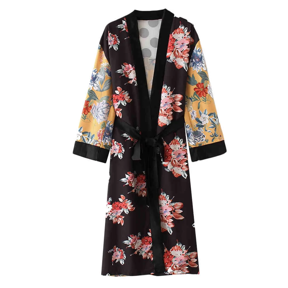 Femmes Fleur Imprimer Kimono Cardigan Blouse Bandage D'été Vacances Plage Cover Up Boho Long Lâche Chemises Décontractées Robe avec Ceinture 210326