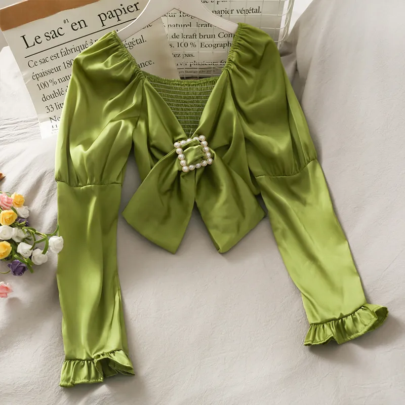 Kimutomo Estilo Francês Baixa V-Neck Blusa Mulheres Solid Slow Sleeve Bow Cintura Slim All-Correspondência Camisa Curta Senhoras Elegantes Tops 210521