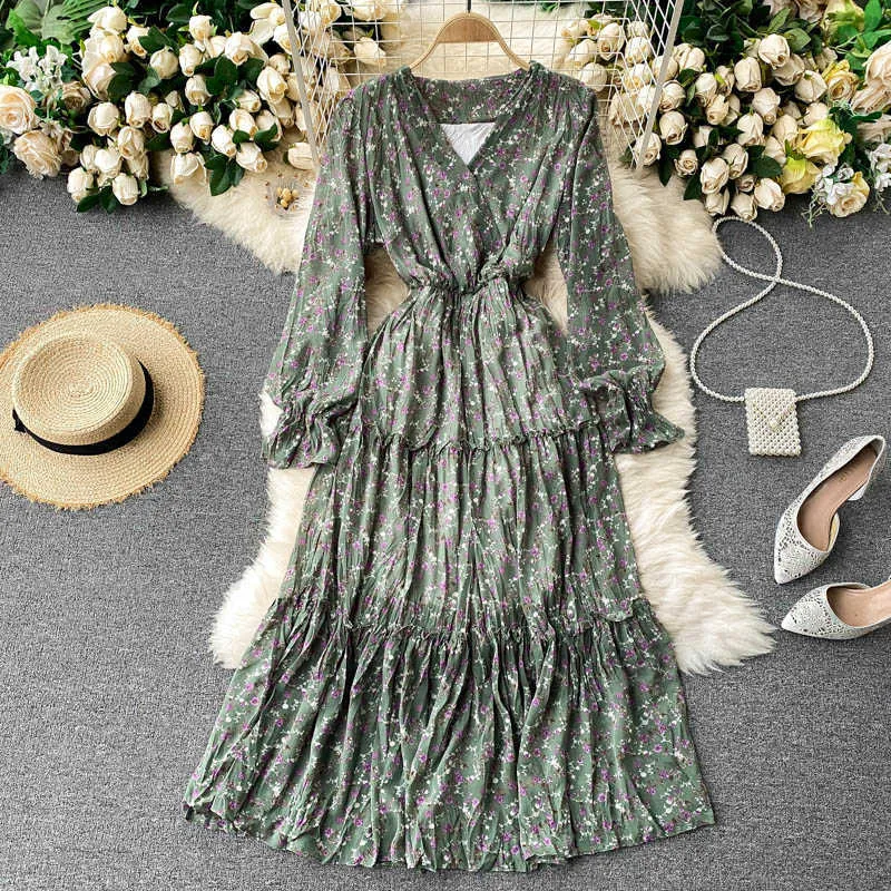 Wiosna Jesień Zielony / Niebieski / Beige / Black Flower Printed Draped Midi Sukienka Kobiety Eleganckie V-Neck Flare Z Długim Rękawem Casual Vestidos Nowy Y0603