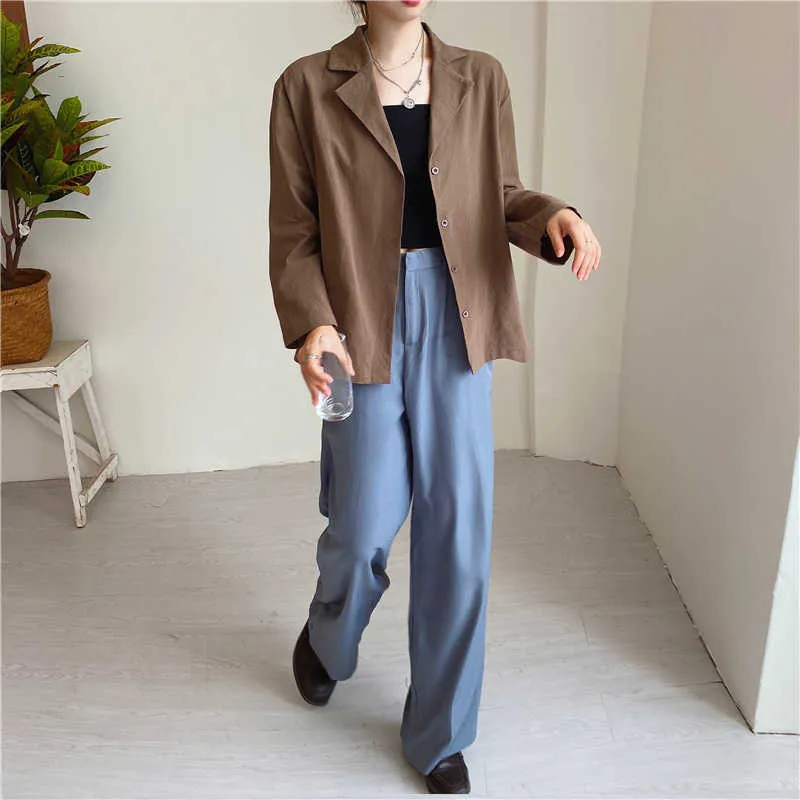 Aelegantmis Leinen Dünne Dünne Frauen Einreiher Vintage Blazer Jacke Koreanische Frühling Elegante Büro Dame Einfache Weibliche 210607