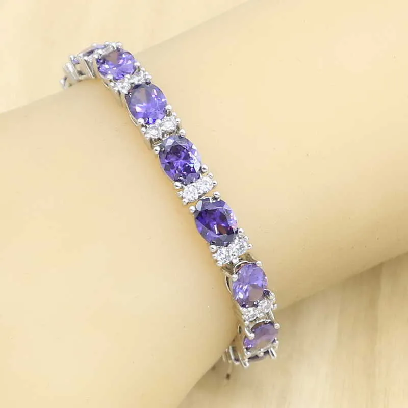 Classic Purple Zirconia Silver Color Jewelry Sets for Women Bracelet Long Earrings Rings Necklace Pendant Gift Box H1022