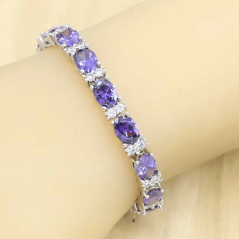 Set di gioielli classici color argento con zirconi viola bracciale da donna Orecchini lunghi Anelli Collana con pendente Confezione regalo H1022