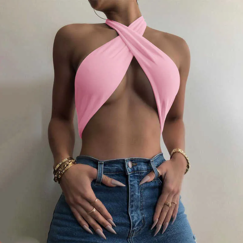 GökkuşağıWaves Seksi Bandaj Halter Kırpma Tops Kadınlar için Kolsuz Backless Kulübü Parti Chic Wrap Kırpılmış Üst Y0622