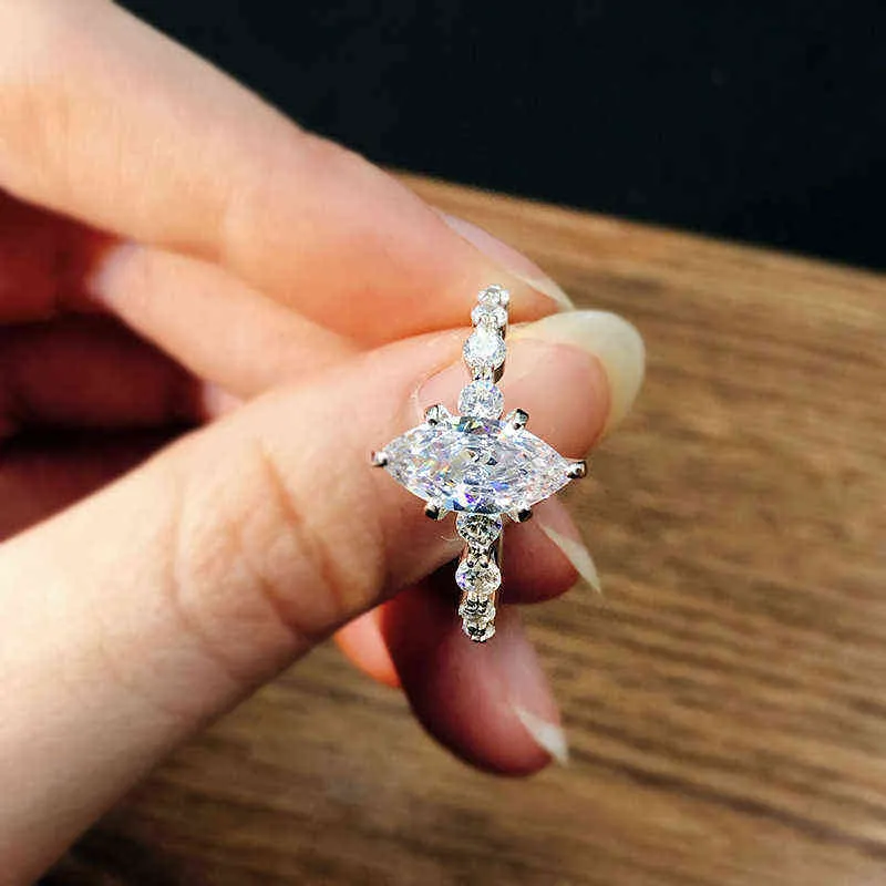 Wong Rain 925 Sterling Silver Marquise Cut Creat Gemstone Wedding Engagement Romamant Ring Women Fine Jewelry 211217
