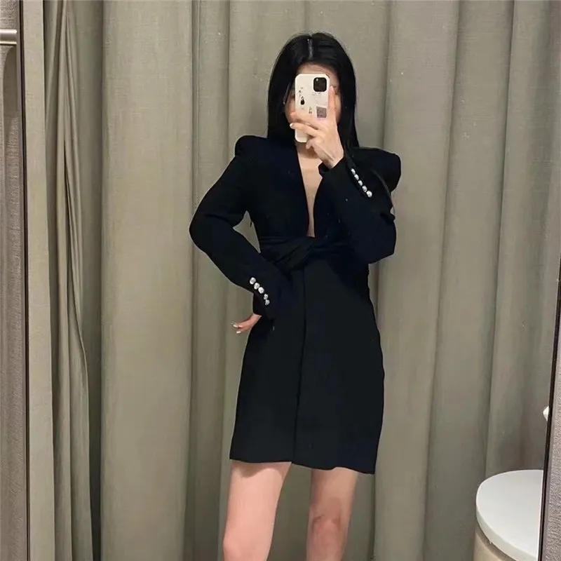 Rosa Mini Blazer Kleid Frauen Elegante Knoten Typ Langarm Schwarz Kurze Kleider Damen Büro Tragen Frau 210519