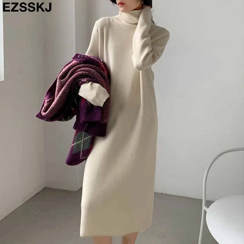 Casual Autumn Winter Pile Collar Tjock Maxi Weater Pullovers Dres Basic Loose Sweater Female Turtleneck Long 220215