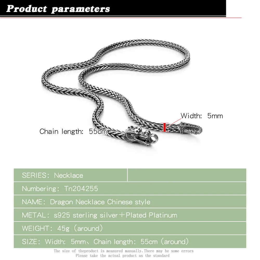 Dargon Pendant 100% 925 Sterling Chain Fashion Men Smycken 5mm 61cm Solid Thai Silver Retro Halsband