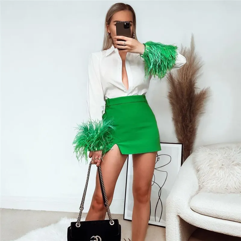 TRAF Zar chemise blanche femme à manches longues vert haut en plumes fête élégante femme Blouses mode col boutonné femmes chemise 220223