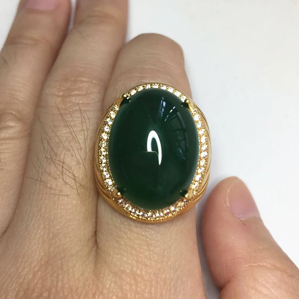 Vintage luxe grote ovale groene jade smaragd edelstenen diamanten ringen voor mannen gouden kleur sieraden bague bijoux mode accessoires2089502