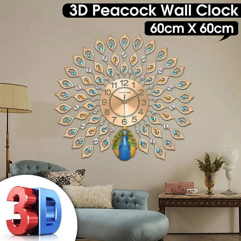 3D Große Wanduhr Home Dekoration Halterung Uhr Modernes Design Wand Mute Uhr Pfau Muster Hängende Uhr Handwerk 210325