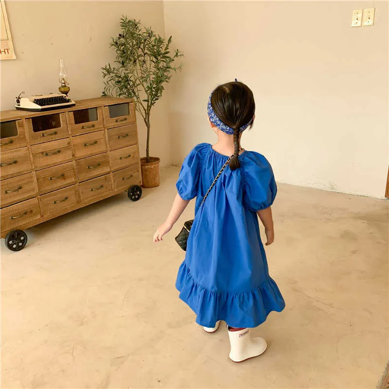 Sommermode Mädchen blau Freizeitkleider koreanischen Stil Rüschen Kinder weiche lose lange Stil Kleid 1-6Y Q0716